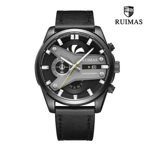 루이마스 남성 크로노 가죽밴드 손목 시계 RM564G-BK