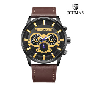 루이마스 남성 크로노 가죽밴드 손목 시계 RM566G-BK